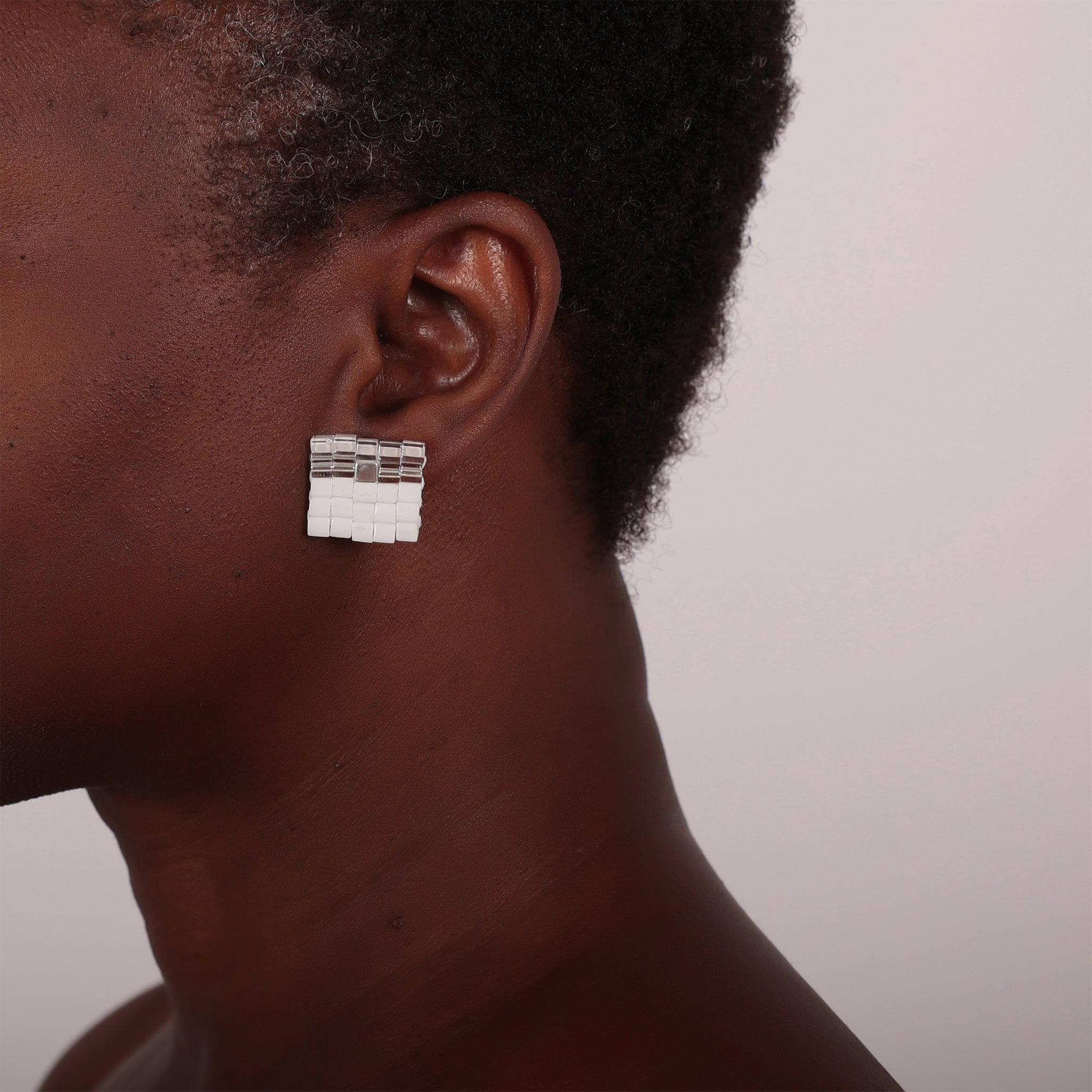 Nwene Stud Earrings in White and Clear Glass Beads